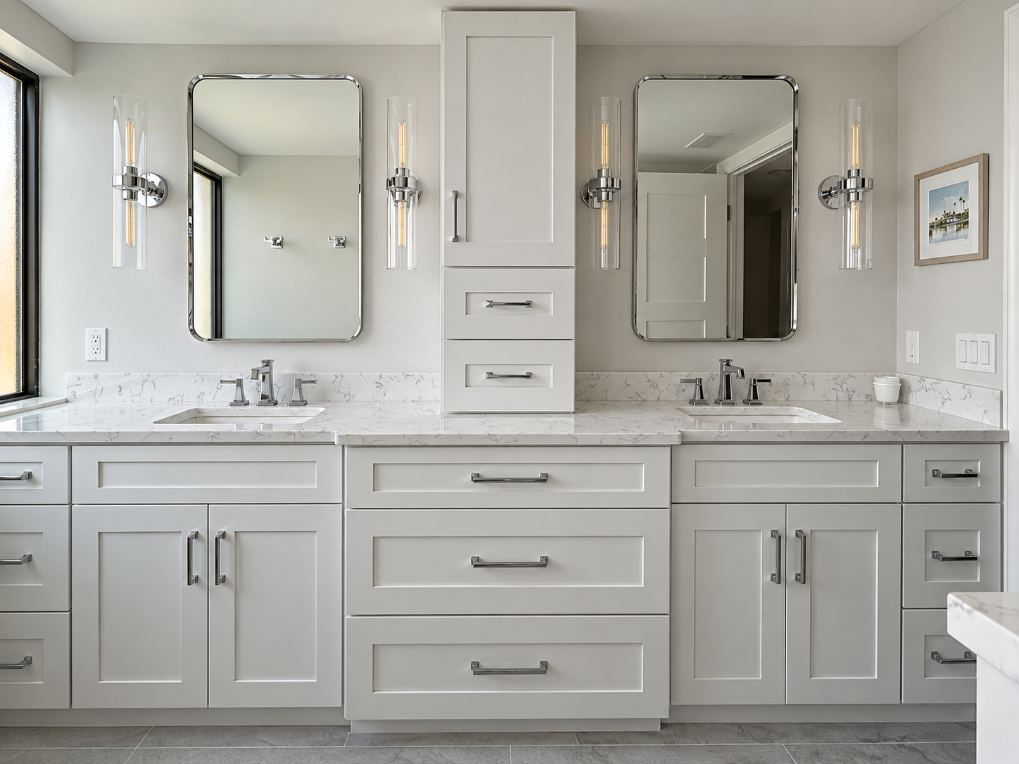 Detailed view of the guest bathroom double vanity and polished chrome fixtures