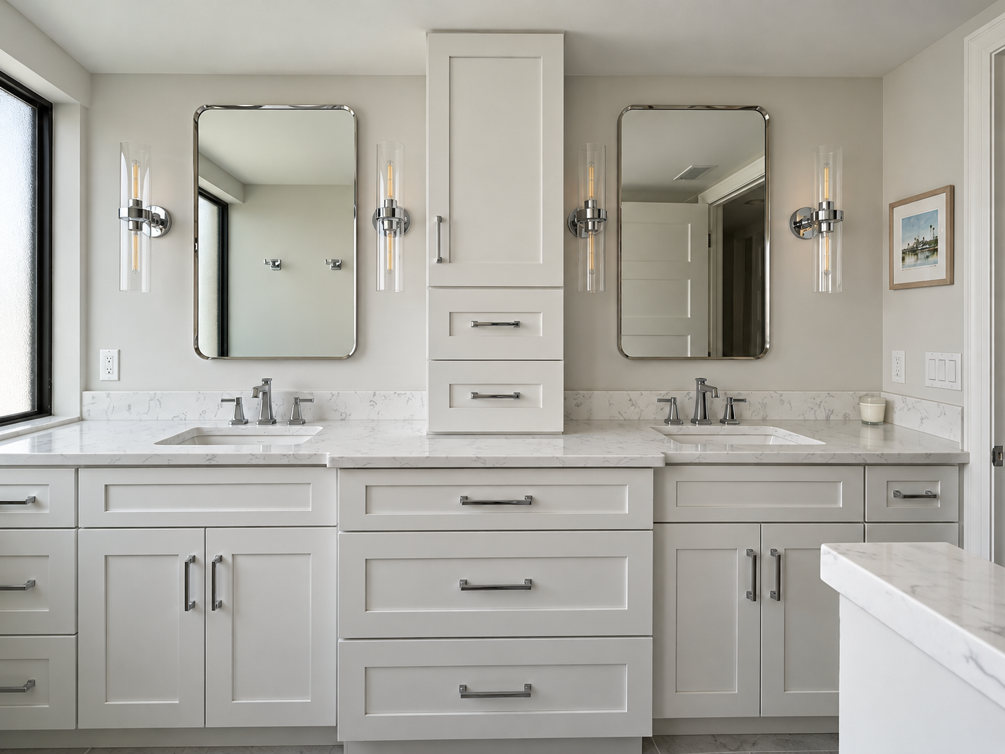 Completed guest bathroom remodel with custom double vanity